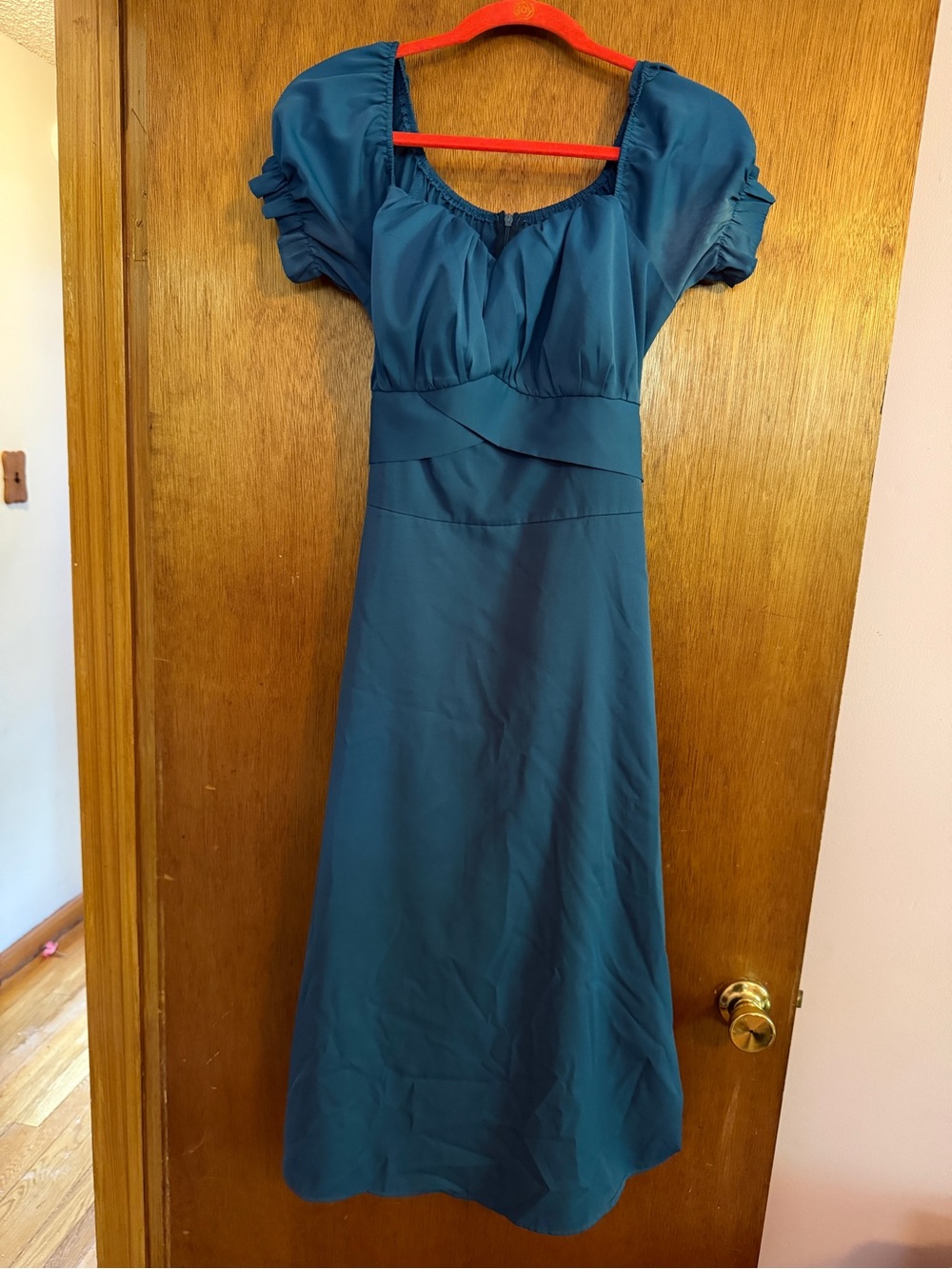 Teal Puff-Sleeve Milkmaid Midi Dress